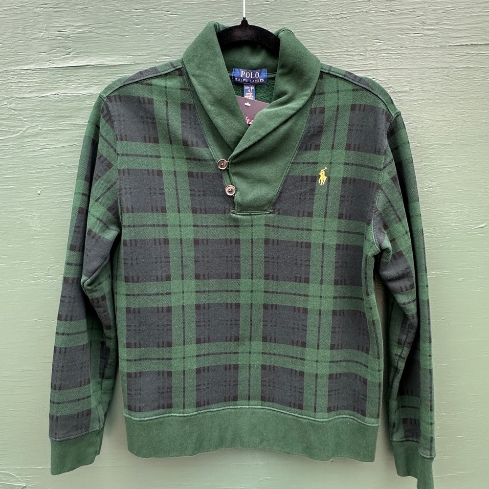 Polo Ralph Lauren Kids Green Blackwatch Plaid Shawl Collar Pullover Size L 14-16